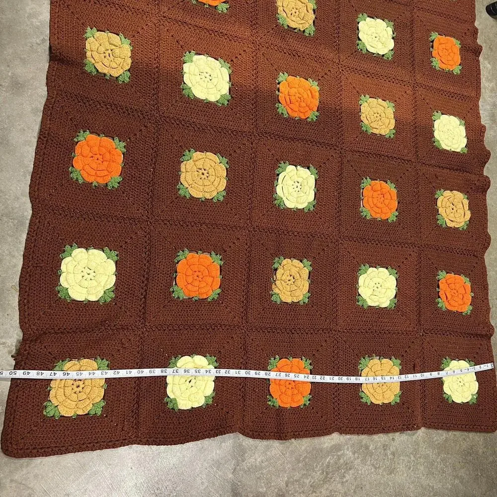 VTG Afghan Blanket 3D Flower Crochet Granny Square Handmade Throw Brown 60”x50”